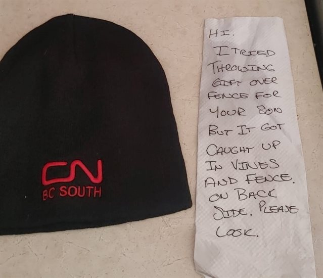 A CN Rail toque and note from a train conductor in Kamloops. 