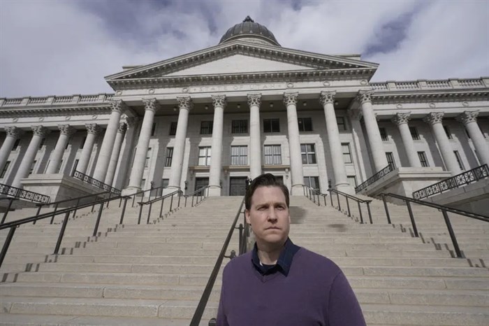 Shawn Blymiller, poses for a photograph in front of the Utah State Capitol on Wednesday, Feb. 15, 2023, in Salt Lake City. Blymiller, a 39-year-old father of two from suburban Salt Lake City, said he started magic mushroom therapy for treatment-resistant depression after becoming disillusioned with traditional anti-depressants. Lawmakers throughout the United States are weighing proposals to legalize psychedelic mushrooms for people.