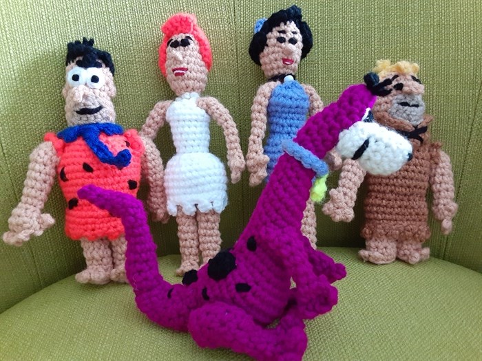 Crocheted Flintstones characters. 