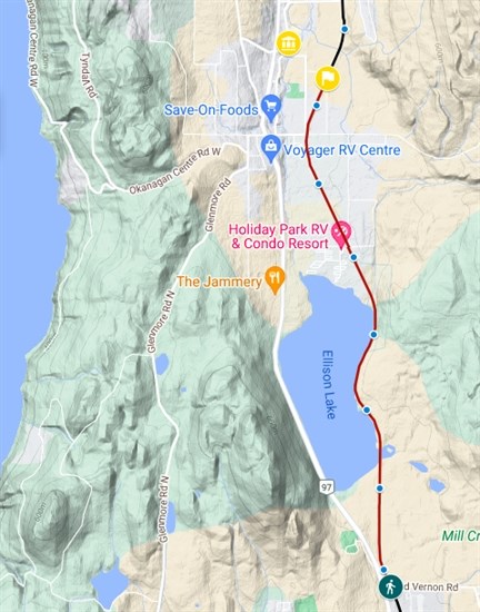 The red line shows the incomplete section of the Okanagan Rail Trail.