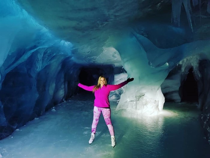 Teresa Cline inside a glacier in the Rocky Mountains. 