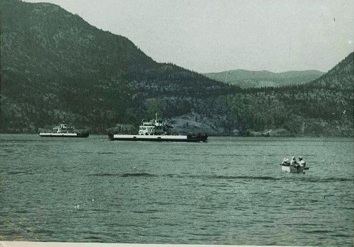 The early car ferry across Okanagan Lake at Kelowna.