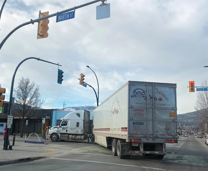 A semi driver had a tough time navigating around a bike path at the intersection of Martin Street and Westminster Avenue in Penticton.