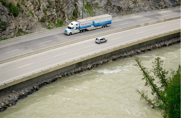 Drivers may not know this part of the highway hangs over the Kicking Horse River.