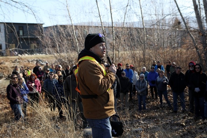 Herb Alex of the Okanagan Nation Alliance’s kl cp??lk? stim? Hatchery speaks to a crowd further downstream from the nlux?lux??cwix (Trout Creek) restoration site in the District of Summerland in syilx homelands on March 22, 2023.

