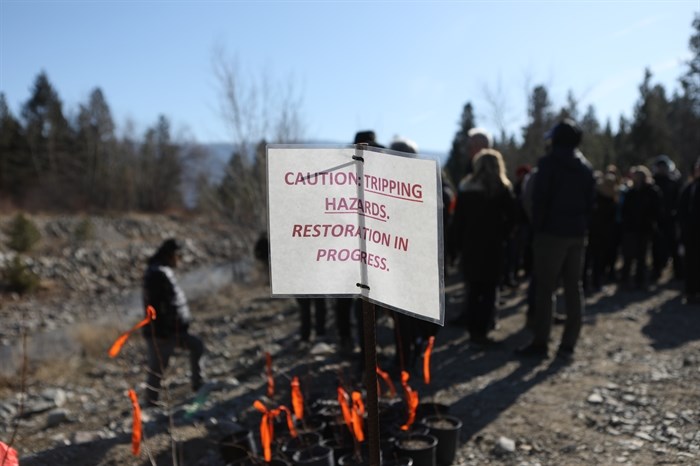 A sign marking the nlux?lux??cwix (Trout Creek) restoration site in the District of Summerland in syilx homelands on March 22, 2023.