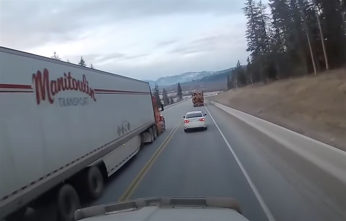 A dangerous passing effort by a commercial transport truck north of Kamloops on the weekend is under investigation. A video was taken by another transport truck driver as the Manitoulin Transport truck passed it and a car before pulling in behind a loaded logging truck, avoiding another truck hitting it head on.