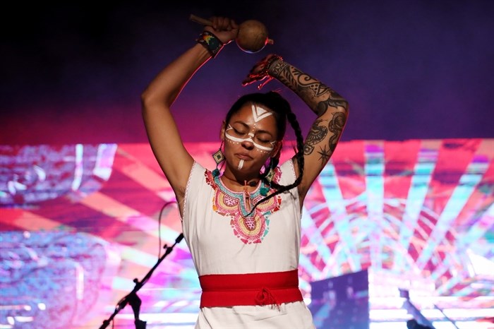 Ana Cornejo, an Aztec dancer of Mexican and a Peruvian ancestry, performs at the 2023 sk?l?ap Movable Feast show in snpintktn (Penticton) in syilx homelands on March 29, 2023.