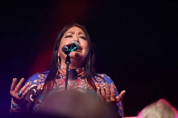 Meeka Morgan of Indigenous musical group Melawmen Collective performs at the 2023 sk?l?ap Movable Feast show in snpintktn (Penticton) in syilx homelands on March 29, 2023.