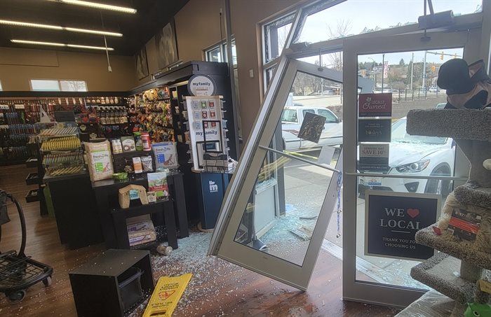 A compact SUV crashed into a pet shop in Lake Country, Saturday, April 15, 2023.