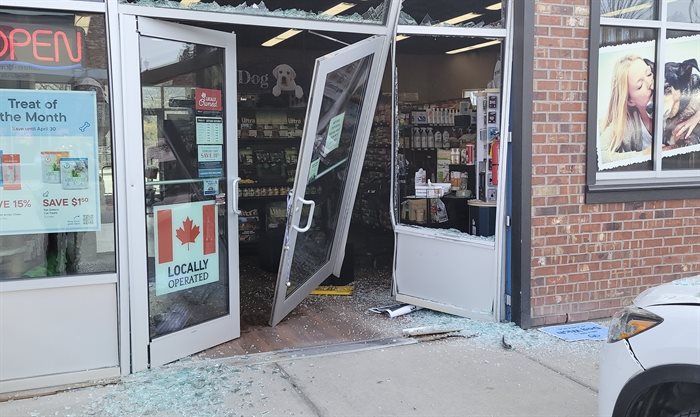 A compact SUV crashed into a pet shop in Lake Country, Saturday, April 15, 2023.