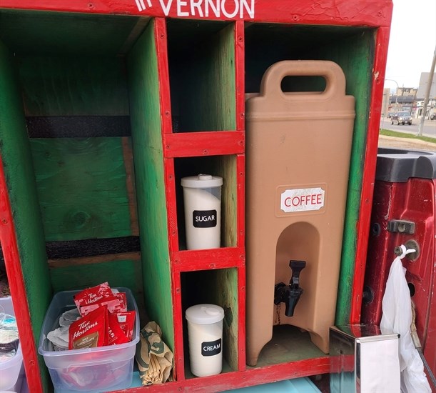 Vernon residents Tracey Griffin and Jimmy Miller's hot drink setup on their pickup. 
