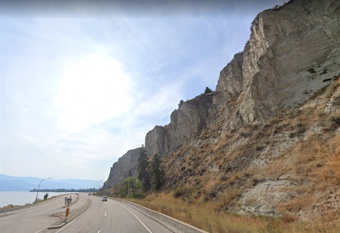 Large cliffs are seen along Highway 97 near Lakeshore Drive in Summerland in this undated Google Street View image.