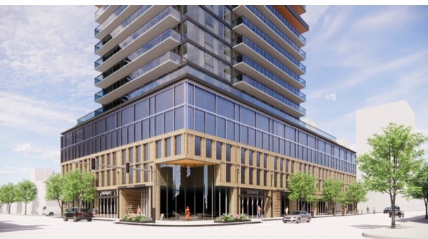 This is a rendering of the lower levels of a proposed 34-storey tower in downtown Kelowna.