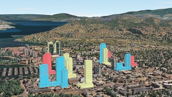 This shows new towers under construction in blue, ones that are approved in red and pending applications in yellow just in the downtown core of Kelowna.