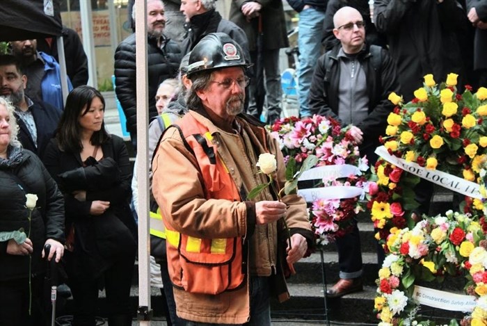 Lee Loftus at a January memorial for four workers killed in a Vancouver construction disaster in 1981.