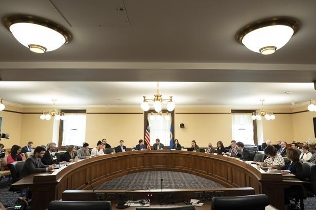 The conference committee meets to discuss the cannabis bill Tuesday, May 16, 2023 St. Paul, Minn. The cannabis bill was approved in a conference committee today and will move to the House and Senate for voting this week.