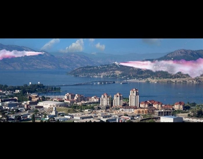 Photo taken from Royal Interior Chemtrail Pilots Facebook page insinuating a plane is spraying rose coloured chemicals over Kelowna. 