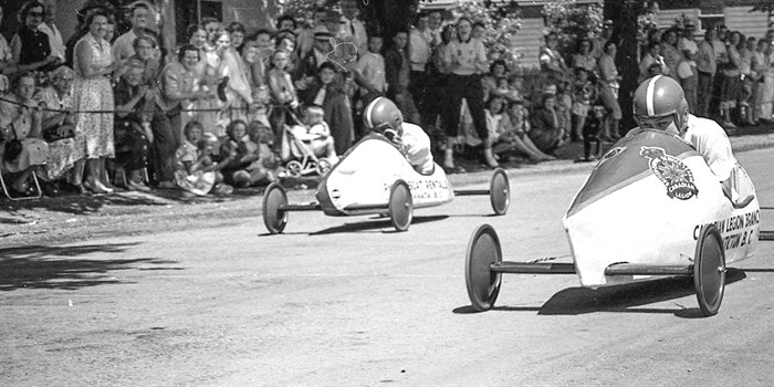 Races in the 1956 soapbox derby event that has long been a part of the May Day celebrations in Naramata.