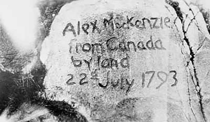 On 22 July 1793, Alexander Mackenzie completed a journey that began in Montreal in the spring of 1792 by signing this rock in Bella Coola. It was designated as a historic site for being the First Crossing of North America, and it's now under review by Parks Canada.
