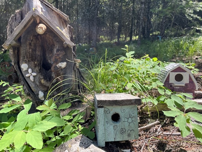 Fairy houses in a forest in Kamloops, including one (left) made out of a stump and decorated with shells. 
