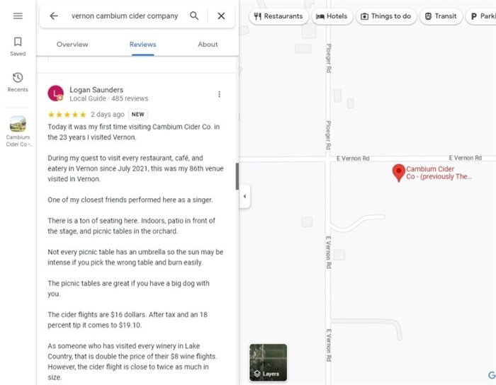 Vernon resident Logan Saunders reviewed Cambium Cider Company on Google Maps reviews & ratings.