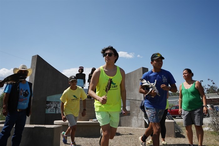 Runners embark from the Syilx Nation Indian Residential School Monument in snpintktn (Penticton) on June 1, kicking off the 2023 Spirit of Syilx Unity Run.