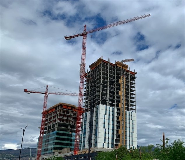 The Bertram tower now under construction in Kelowna, with the Block office tower behind it.