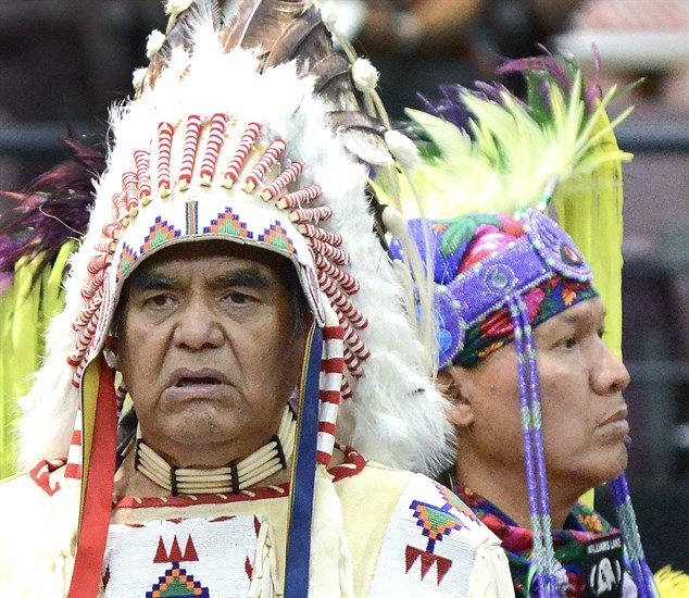 Participants of the Pow Wow Between the Lakes stand together at the grand entry.