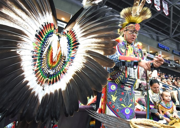 Shawnrae Gabriel of the Sto:lo Nation of the Fraser Valley prepares for his dance competition.