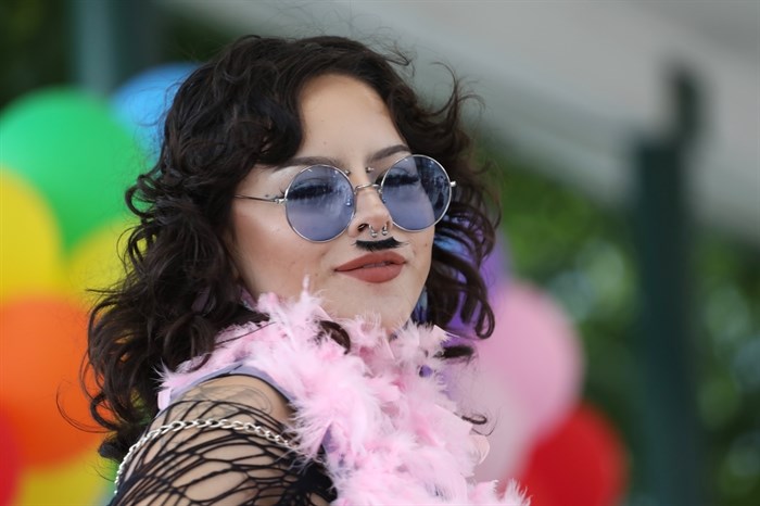 Taylor Lezard from the Penticton Indian Band participates in the Next Rez Drag Superstar competition that was hosted by Lower Similkameen Indian Band during their third annual Pride carnival in Keremeos on June 16, 2023.