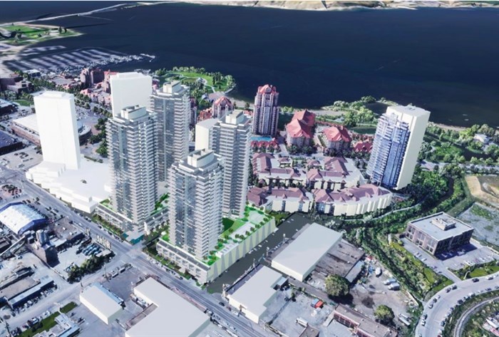 This rendering shows the four new towers proposed for Waterscapes in downtown Kelowna.