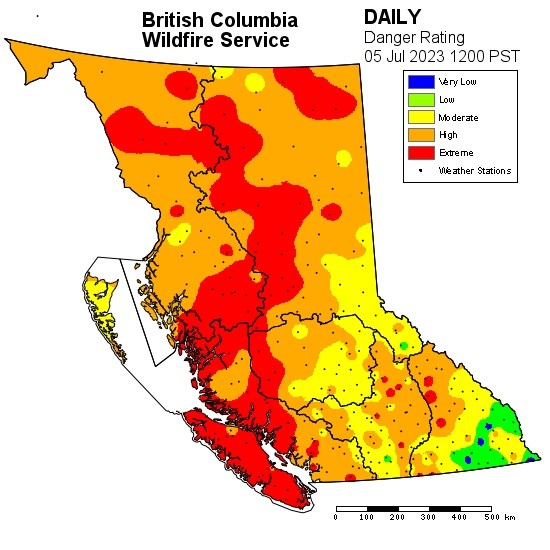 This map shows extreme fire danger in red, high in orange and moderate in yellow.