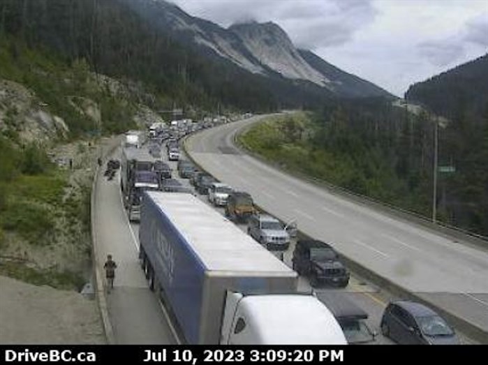 Traffic is backed up southbound on the Highway 5 between the Great Bear Snowshed and the Zopkios Rest Area.