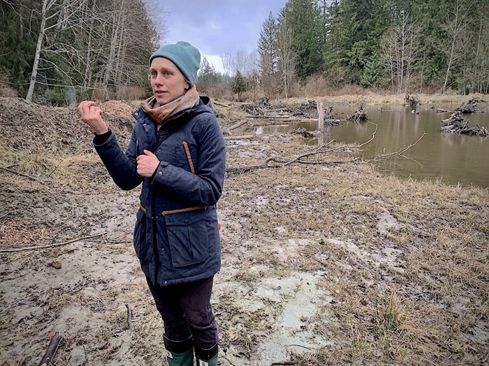 Project manager Miranda Cross talks about the benefits of wetlands during a tour in March of the Dillon Creek wetland restoration project on Linnaea Farm.