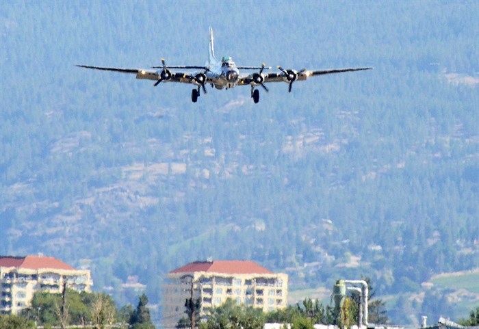 The Commemorative Air Force B-17 warbird on final approach to Penticton Regional Airport.