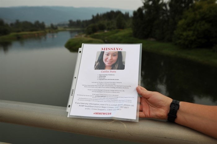 Informational posters detailing Caitlin’s circumstances were handed out to idle cars during a roadblock and vigil that was hosted in Enderby on the Bawtree Bridge in Secwépemc homelands on July 13, 2023.