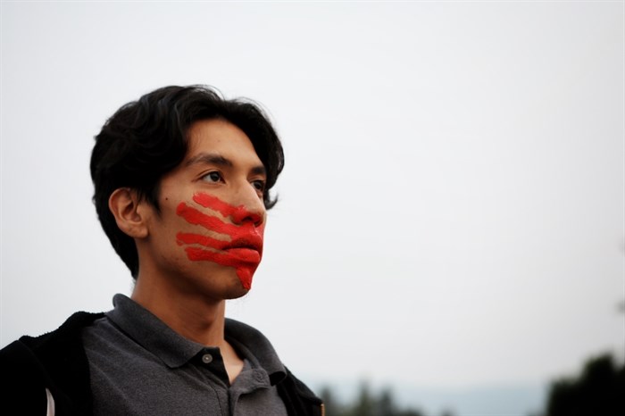 Jeremiah Potts, Caitlin’s brother, is pictured during a roadblock and vigil that was hosted in Enderby on the Bawtree Bridge in Secwépemc homelands on July 13, 2023.