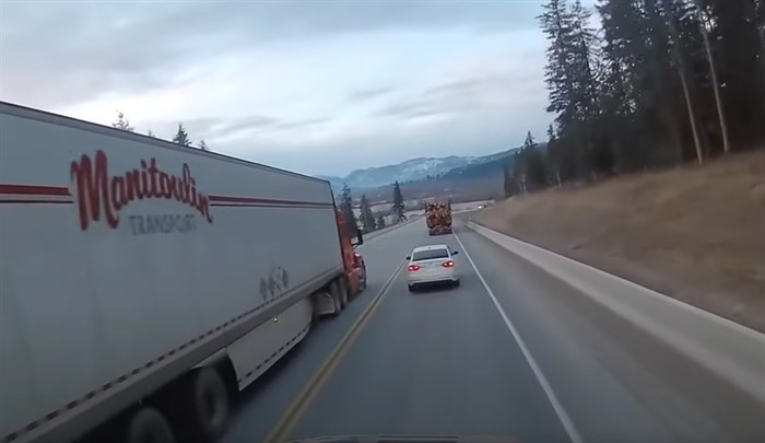 A dangerous passing effort by a commercial transport truck north of Kamloops on the weekend is under investigation. A video was taken by another transport truck driver as the Manitoulin Transport truck passed it and a car before pulling in behind a loaded logging truck, avoiding another truck hitting it head on.