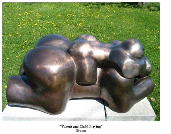 "Parent and Child Playing" bronze sculpture by Geert Maas.