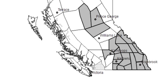 This map shows the areas of the South and Central Interior expected to get smoky skies today and tomorrow.