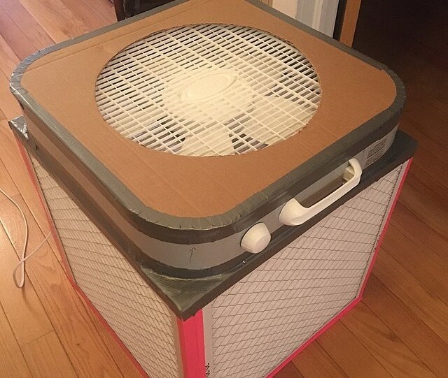 This image is of the Corsi-Rosenthal Box air filter designed during the COVID-19 pandemic, to improve ventilation in indoor spaces.