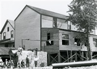 This photo shows the construction of the Kamloops Cannery boiler about 1920 in a building at 116 Lorne St. in what had been the sales outlet for Arrow Lake Lumber. The building partially burned in 1939 and was later destroyed. It is now part of the City of Kamloops work yard.