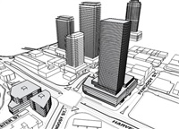 This proposed 40-storey tower (foreground) on city-owned land is not required to be affordable.