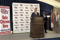 Missouri Attorney General Andrew Bailey speaks in support of a state constitutional amendment limiting voting to only U.S. citizens during a press conference, Oct. 10, 2024, at the state Capitol in Jefferson City, Mo. 