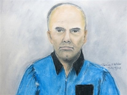 In this artist's sketch, Douglas Garland appears in court in Calgary on Monday, July 7, 2014. Garland, who has been identified in local media as a person of interest in the disappearance of a Calgary five-year-old and his grandparents, made a brief court appearance charged with identity theft in an unrelated case.