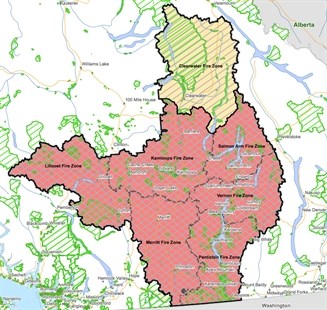 A map of the region in the Kamloops Fire Centre still under a campfire ban.