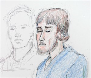 Justin Bourque is shown in this artist's sketch in Moncton on June 6, 2014. 