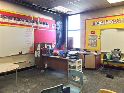Inside the classroom damaged by an arson fire at South Broadview Elementary in Salmon Arm.