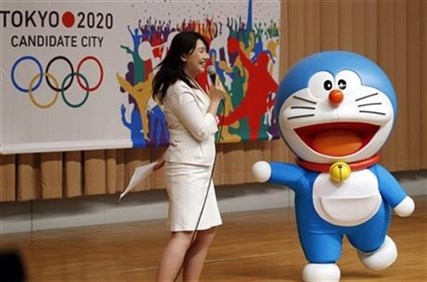 Doraemon participates in a kick-off ceremony of the Tokyo bid to host the 2020 Olympics.